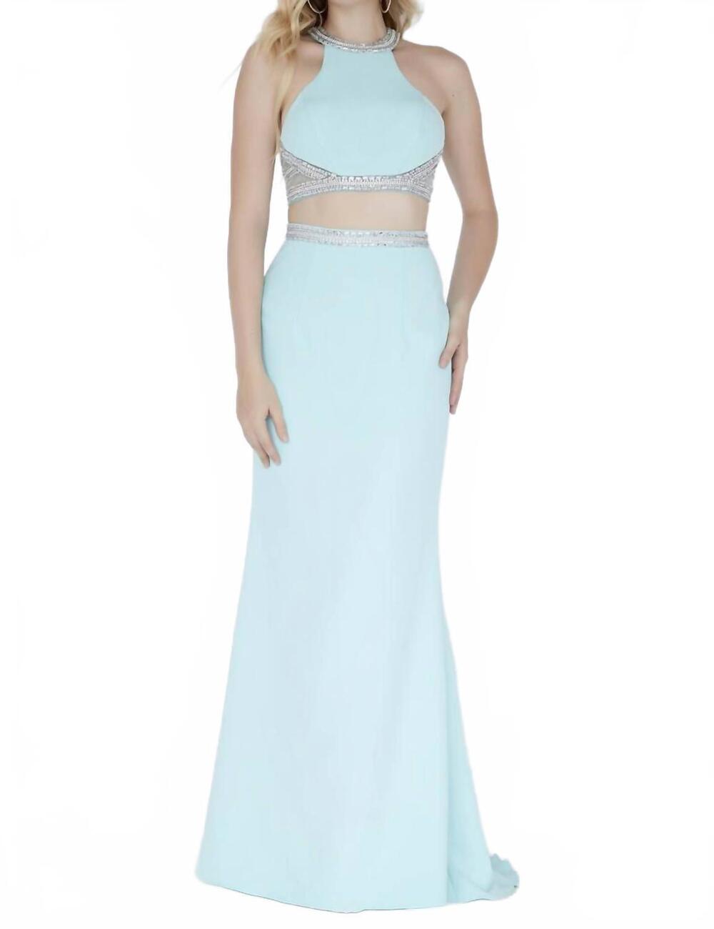 NEW JOSH & JAZZ jersey halter prom dress in aqua